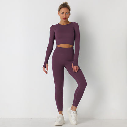 Seamless Solid Color Knit Long Sleeve Yoga Set with Full Length Pants Activewear for Fitness Gym and Outdoor Activities