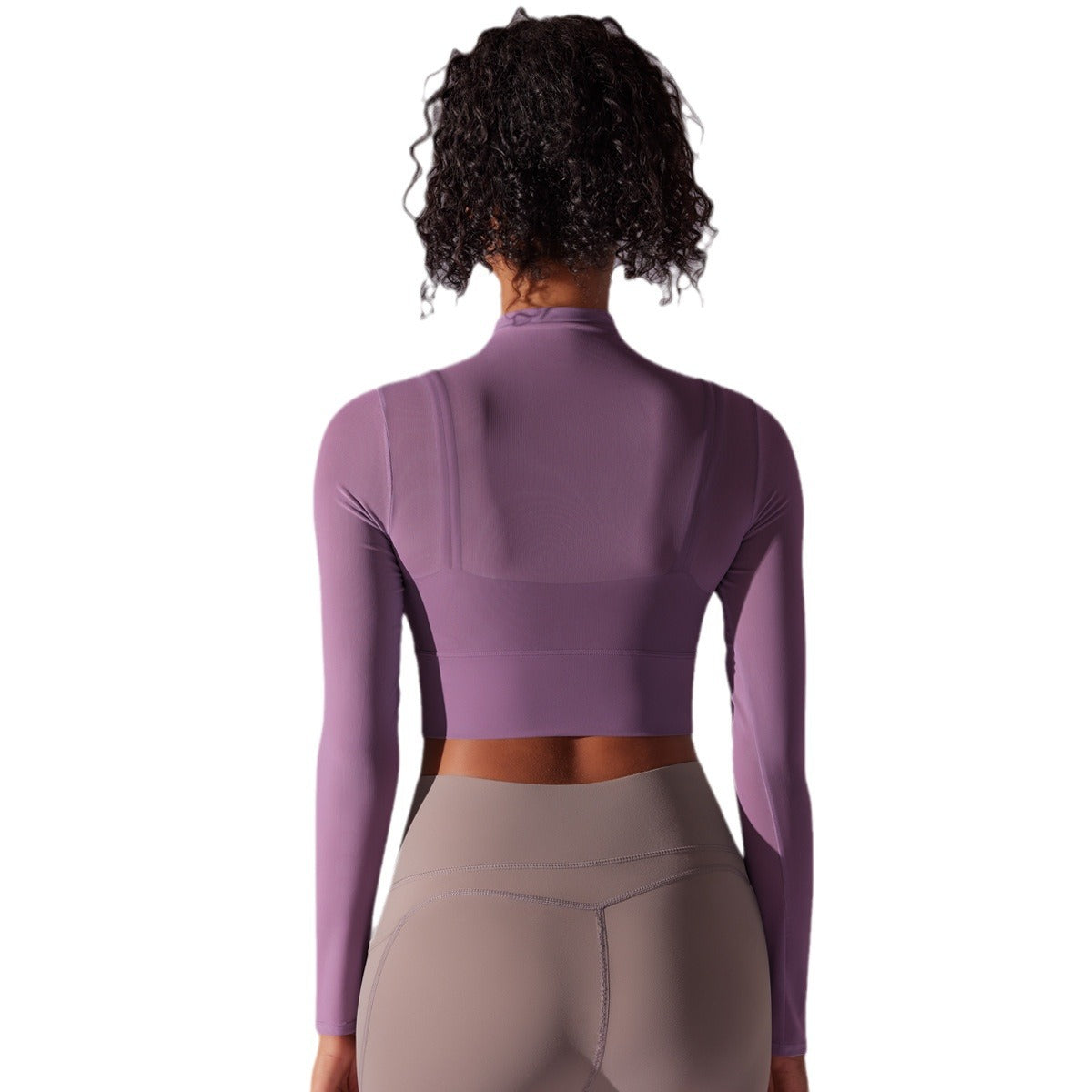 Mesh Long Sleeve High Neck Yoga Top with Built In Bra Two Piece Look for Running Fitness