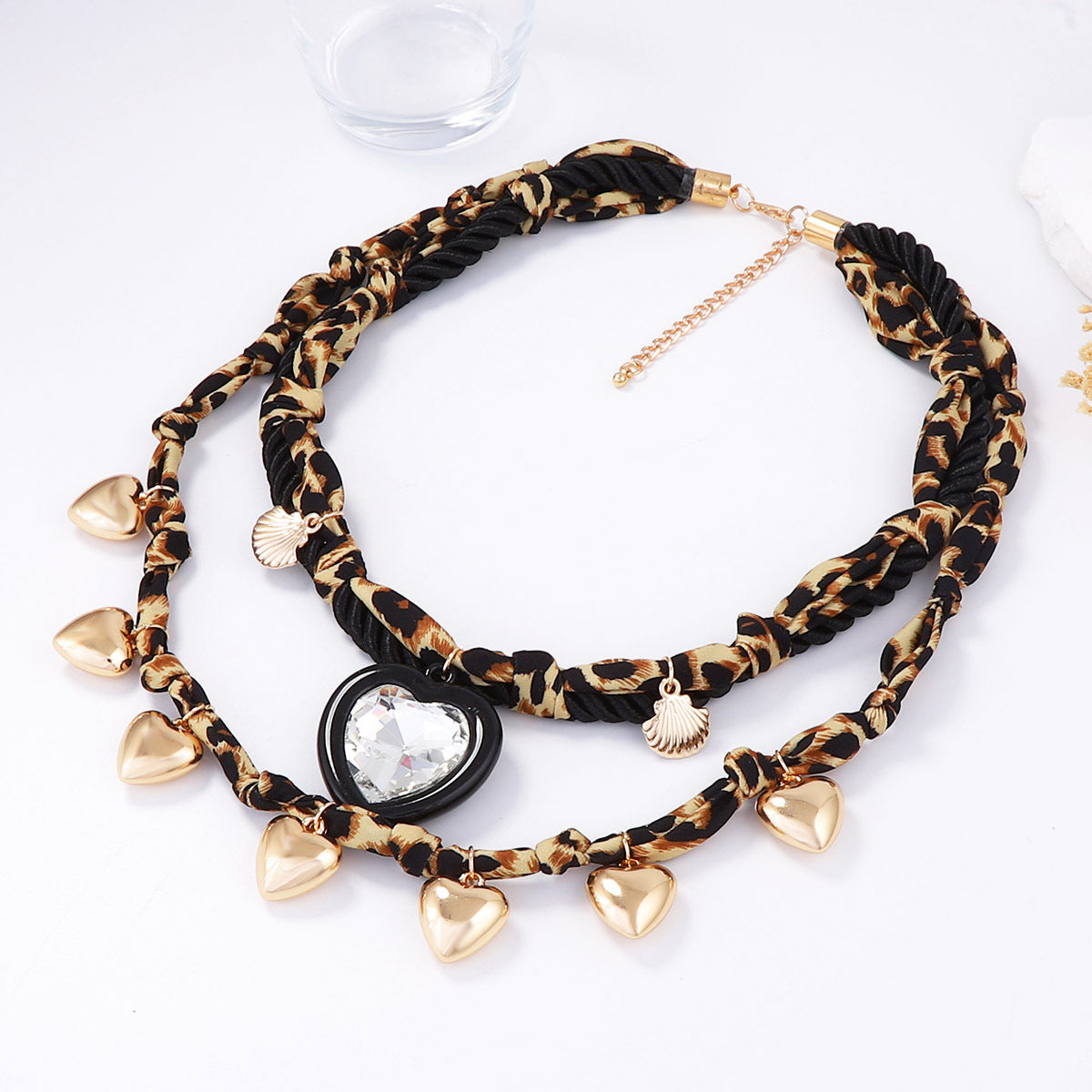 Vintage Wild Leopard Print Braided CCB Heart Pendant Necklace – Versatile, Trendy, and Perfect for Layering