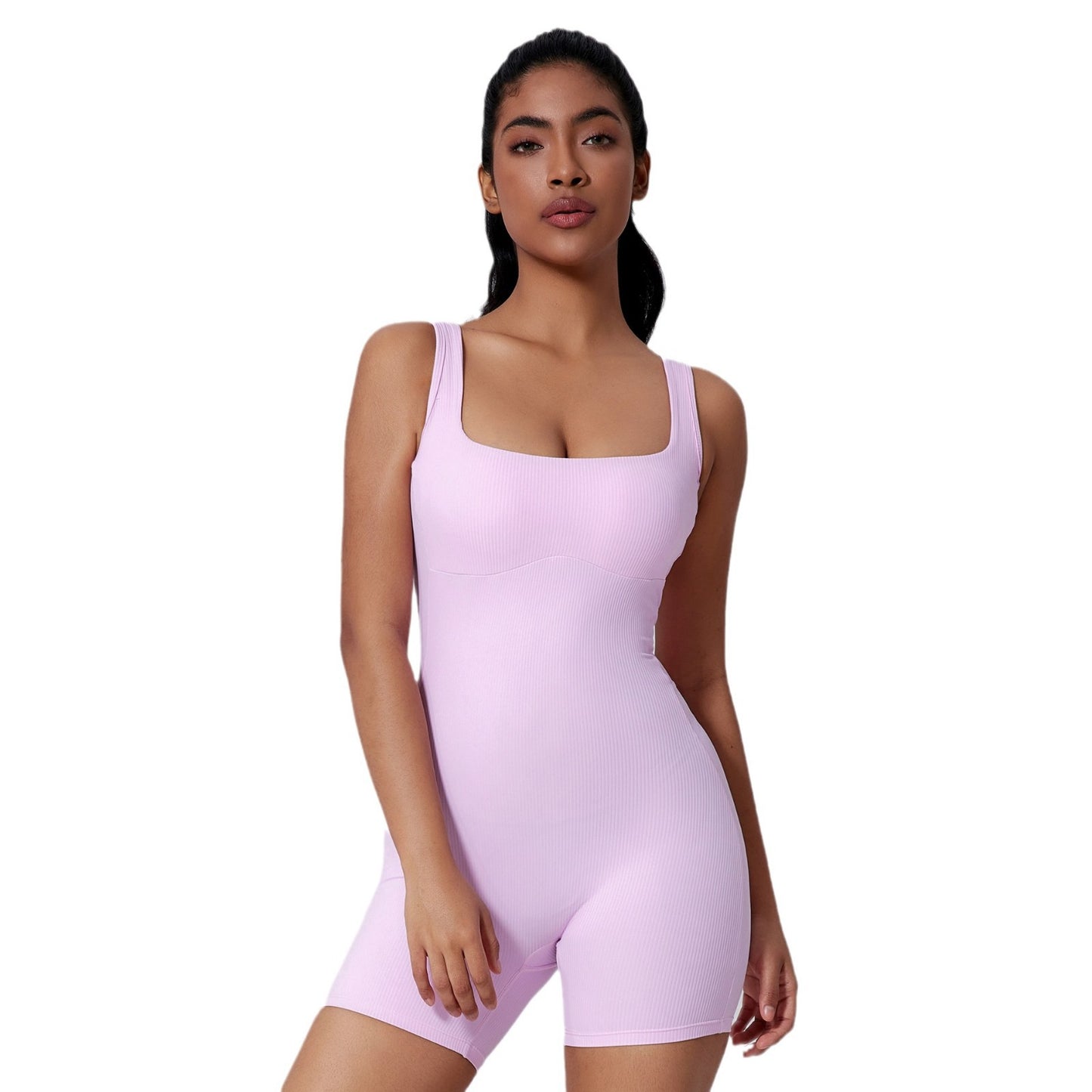 Slim Fit Quick Dry Yoga Bodysuit with Back Design Women's Sculpting Activewear Figure Flattering High Waisted Ribbed Shorts for Comfort and Performance