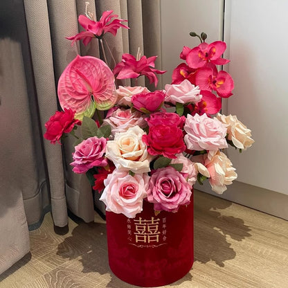 Stunning Faux Floral Wedding Room Decor - Beautifully Arranged Artificial Flowers in Embrace Bucket for Bedroom and Wedding Celebration