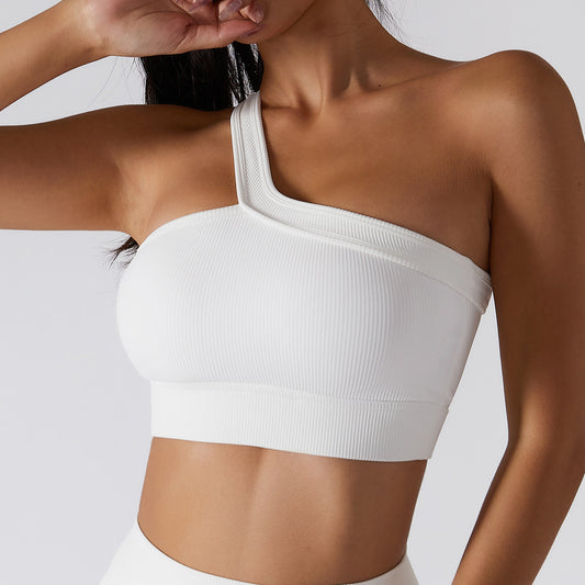 Spring Summer Ribbed One Shoulder Yoga Bra Seamless Fitness Crop Top with Beautiful Back Design for Everyday Wear and Active Workouts