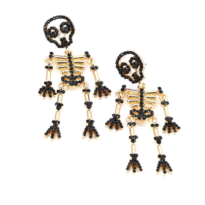 Creative and Bold Skeleton Skull Earrings with Alloy, Gemstone Inlay, and Pearl Detail – Unique, Quirky Accessory for Expressive Style