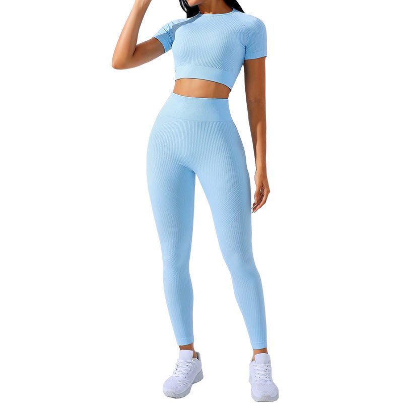 Seamless High Waisted Yoga Set for Women Outdoor Sports Running Short Sleeve Top Leggings for Fitness Training