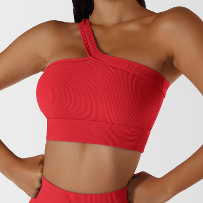 Spring Summer Ribbed One Shoulder Yoga Bra Seamless Fitness Crop Top with Beautiful Back Design for Everyday Wear and Active Workouts