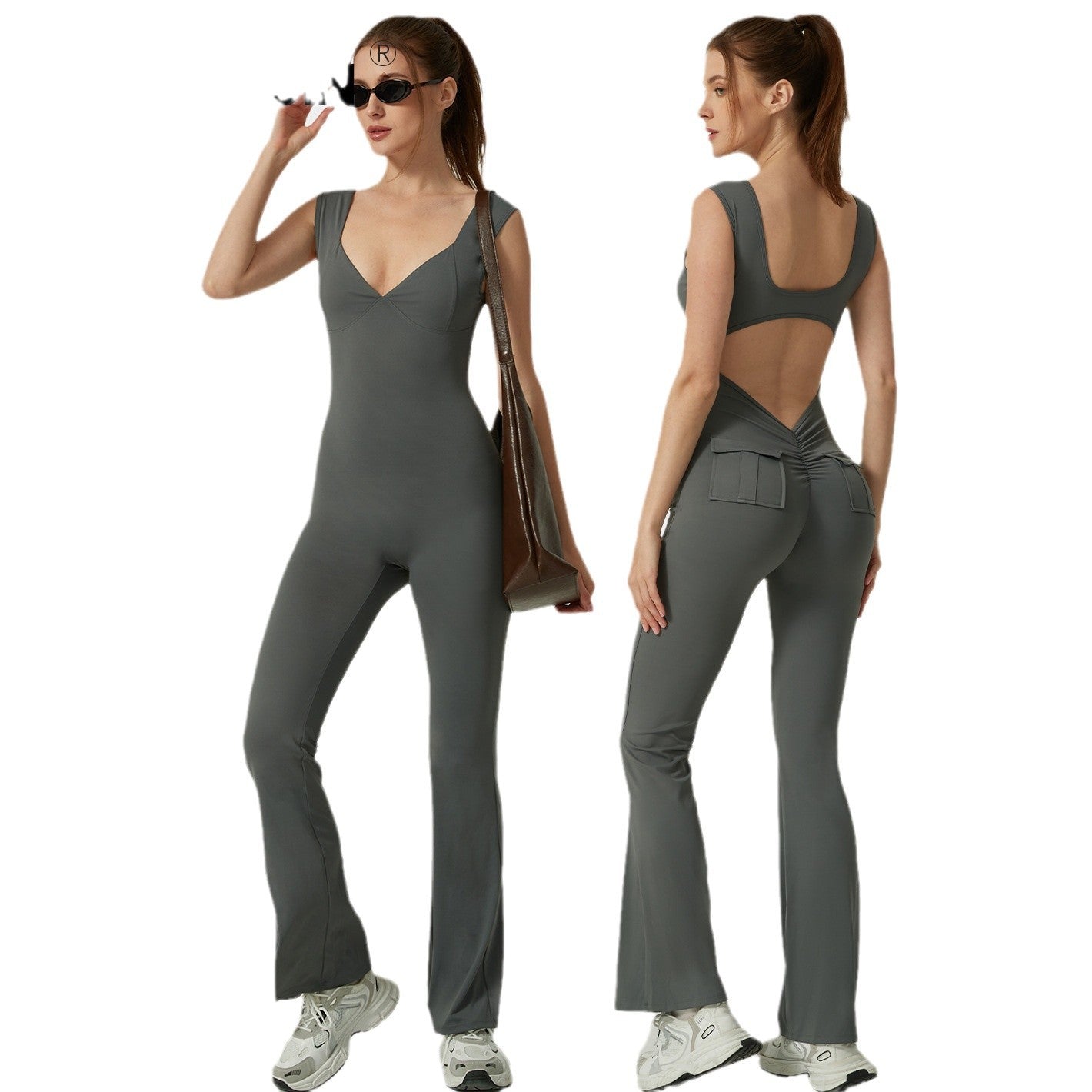 V Neck Hollow Back Jumpsuit with Pockets Flared Leg Yoga Outfit for Comfort and Support in Your Fitness Journey