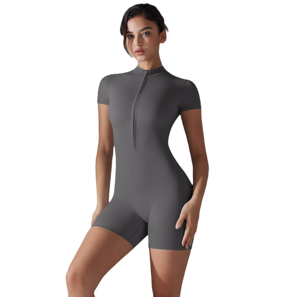 All in One Yoga Outfit with Stand Up Collar and Half Zip Short Sleeve Bodysuit for Fitness Form Fitting Athletic Wear for Performance