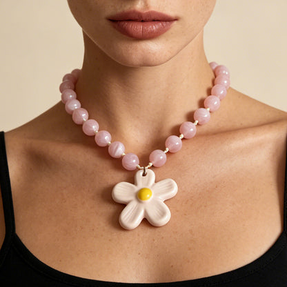 Charming Fresh and Sweet Ceramic Flower Pendant Necklace – Creative, Minimalist, and Versatile Design Perfect for Women