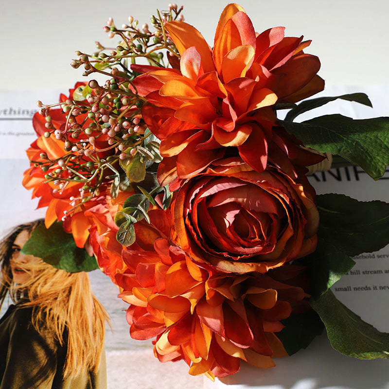 Stunning Artificial Dahlia and Rose Bouquet - Perfect for Wedding Decorations, Bridal Handheld Flowers, and Festive Events