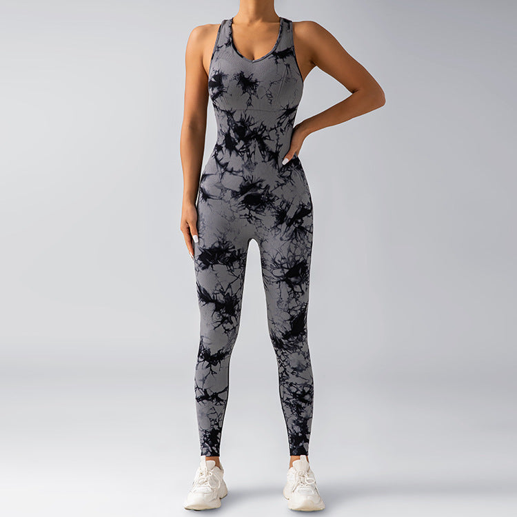 Tie Dye Jumpsuit with Cross Back Bras for Women Yoga Outdoor Sports Cycling and Fitness Outfit