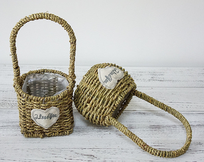 Handcrafted Rustic Woven Grass and Willow Flower Basket - Waterproof Succulent Decorative Basket for Artificial Floral Arrangements with Ergonomic Handle