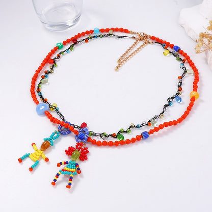 Charming Handcrafted Cartoon Beaded Doll Pendant Necklace – Cute Double-Layered Bracelet for Casual Women's Style