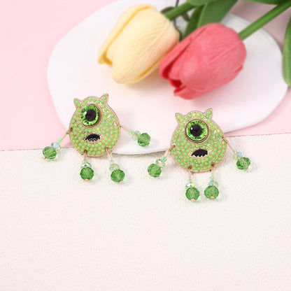 Quirky Cartoon Character Gemstone-Studded Beaded Jewelry – Unique and Fresh Green Design for Individuality