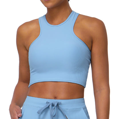 Cross Back Ribbed Sports Bra Tank Top with Removable Pads for Yoga Running and Gym Workouts