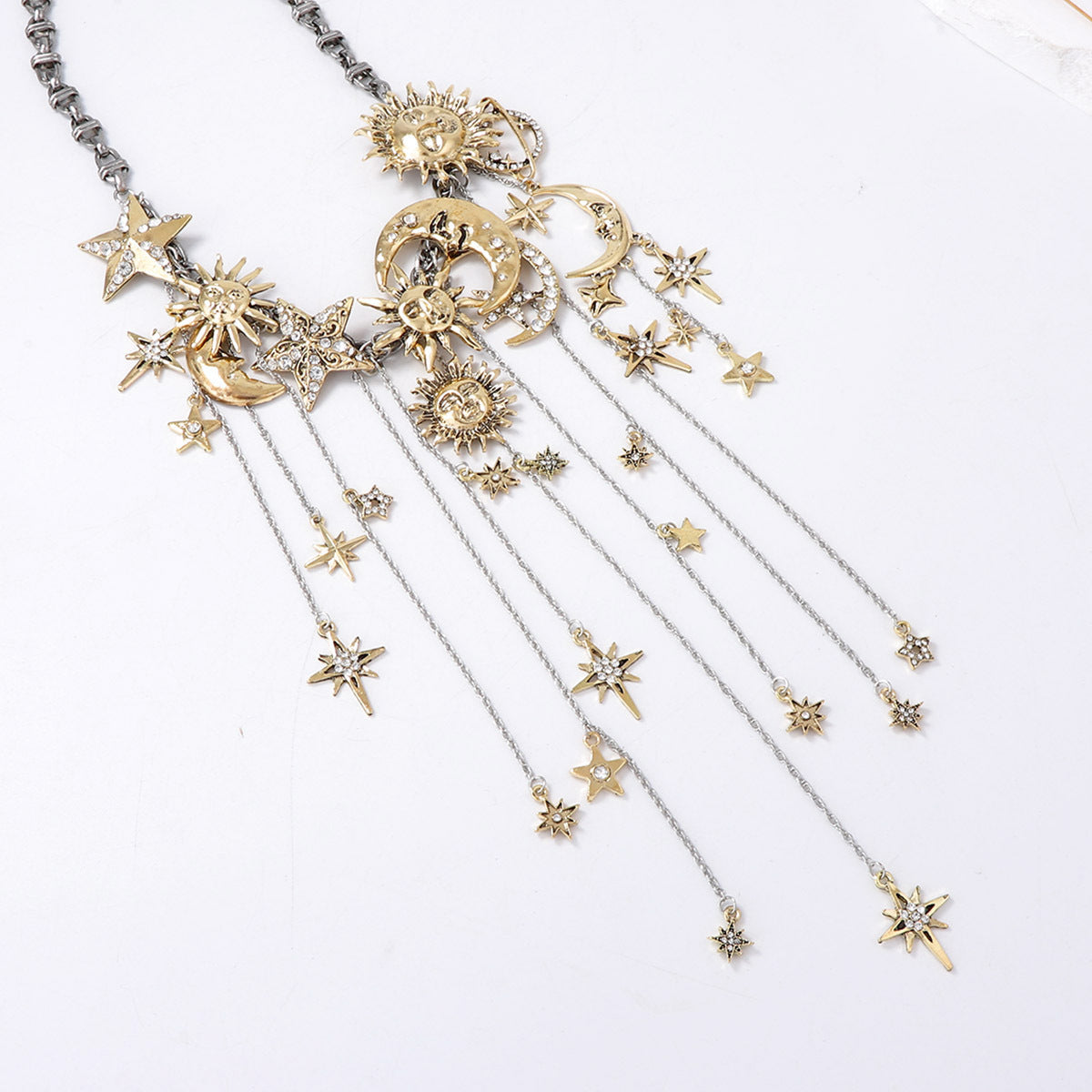 Vintage-Inspired Statement Alloy Necklace with Multi-Stone Moon, Star, and Sun Pendants - Elegant Tassel Design for a Luxe Look