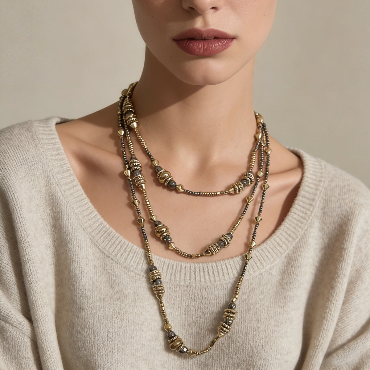 Stylish Multi-Layer Geometric Bead Necklace for Women - Chic Luxury Vintage Design with Unique Personality