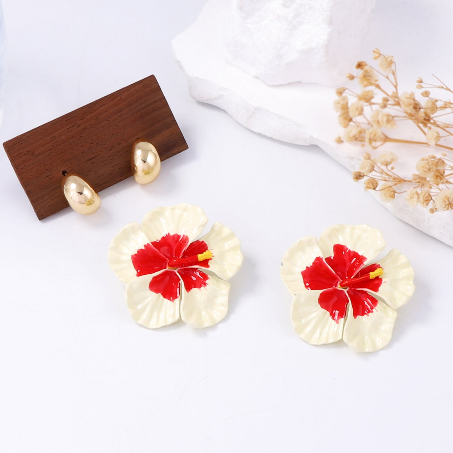 Bohemian Chic Fresh Countryside Style Minimalist Alloy Drop Oil Color Flower and Ring Earrings Set – Perfect for Everyday Wear and Special Occasions