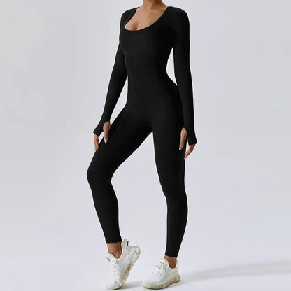 Women's Long Yoga Jumpsuit Short Sleeve Bodysuit with Square Neck for Fit Sculpting Effect