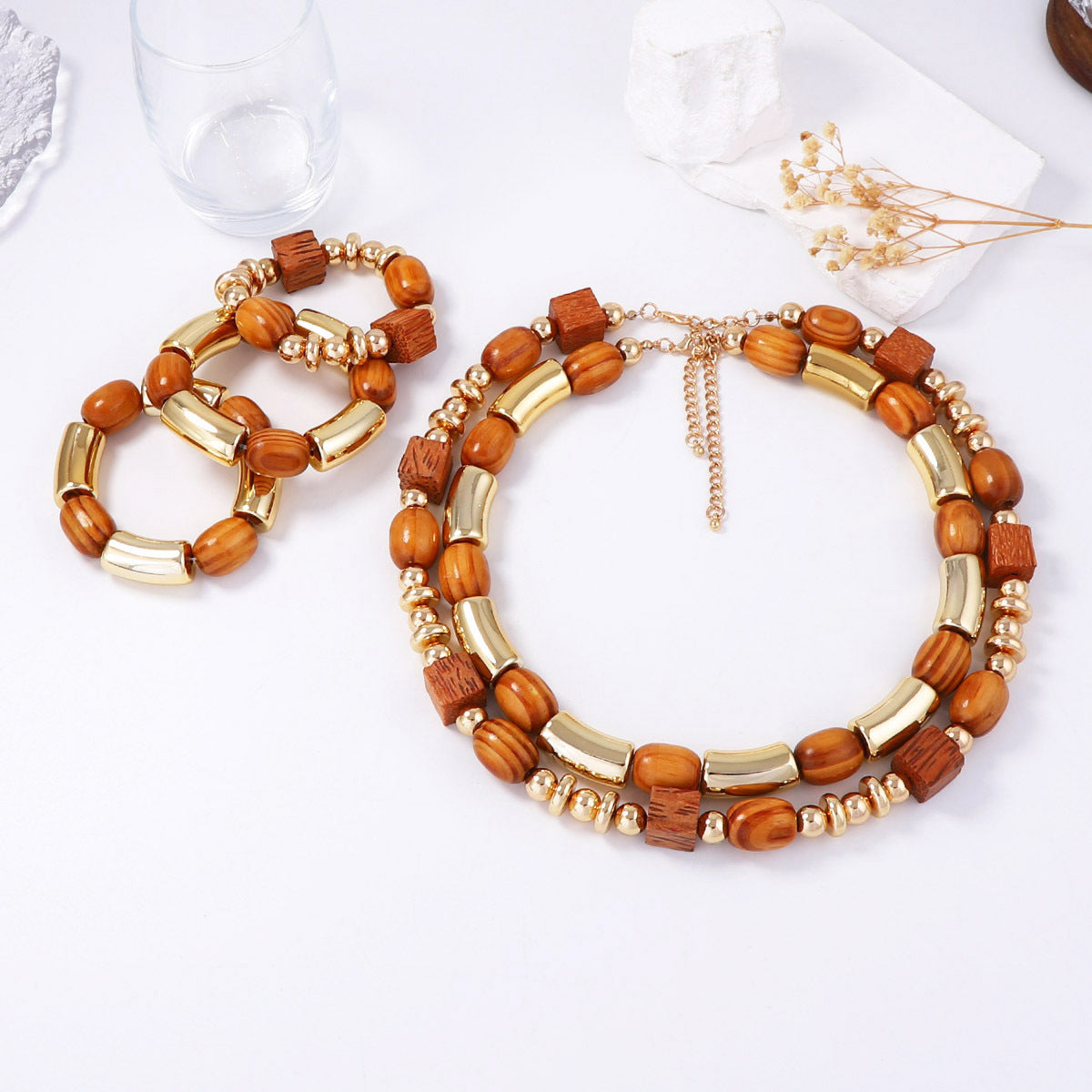Chic Luxury Wood Beaded Multi-Layer Necklace & Bracelet for Women – Unique CCB Bamboo Joint Design, Perfect for Elegant Occasions
