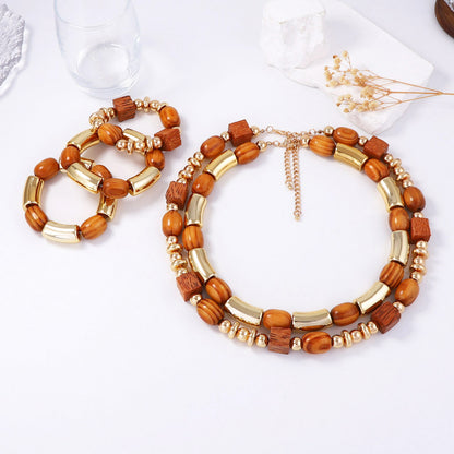 Chic Luxury Wood Beaded Multi-Layer Necklace & Bracelet for Women – Unique CCB Bamboo Joint Design, Perfect for Elegant Occasions