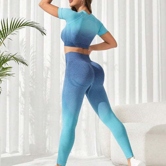 Gradient Tie Dye Seamless Yoga Set for Women Short Sleeve Top and High Waisted Peach Butt Lift Leggings for Fitness and Gym Workouts