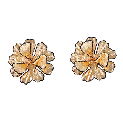 Bold and Unique Oversized Floral Metal Drop Earrings with Black Edges - Versatile Statement Accessories for Casual Elegance