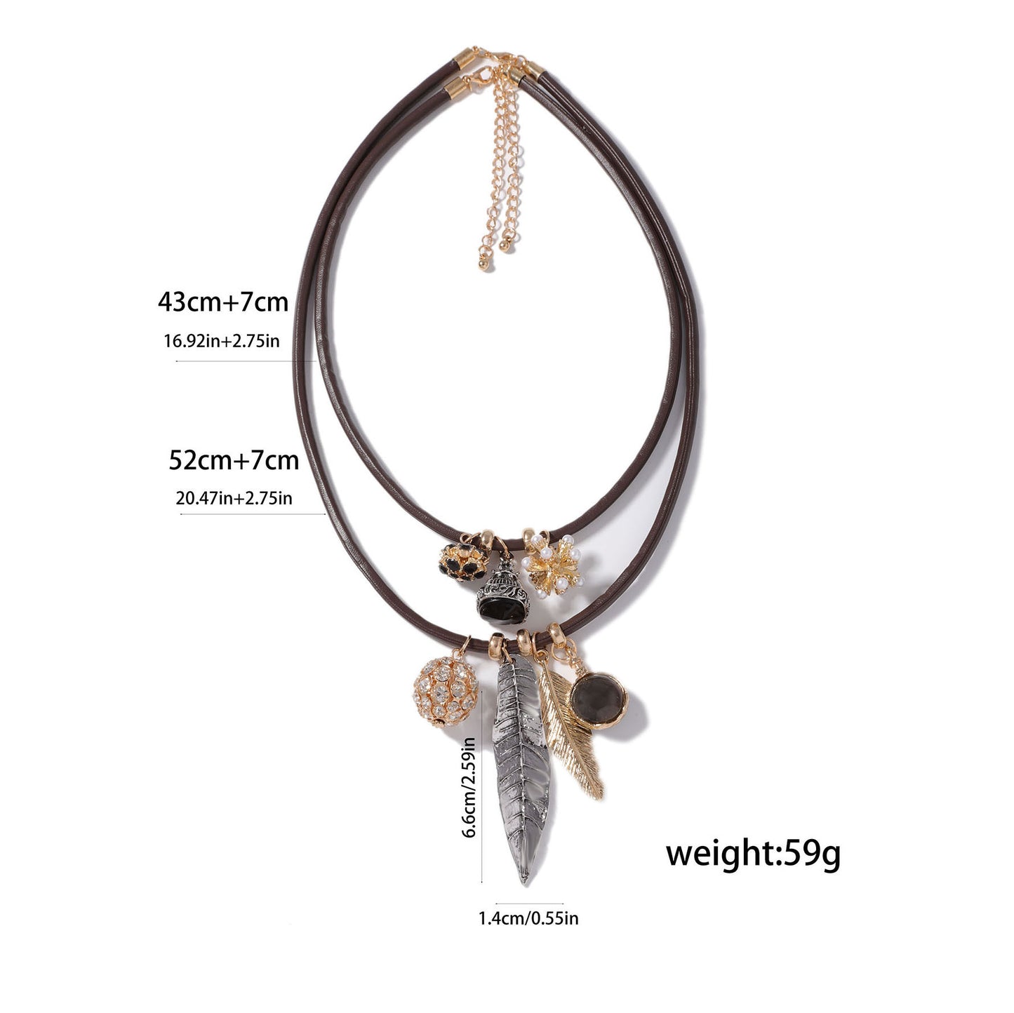 Chic Layered Double-Stranded Alloy Geometric Leaf Pendant Leather Necklace – Vintage Inspired for Fall and Winter Fashion