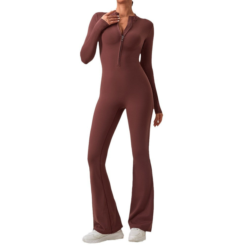 Zipper Long Sleeve Jumpsuit with Flared Pants Slim Fit Women's Butt Lifting Yoga and Workout Outfit for Enhanced Performance