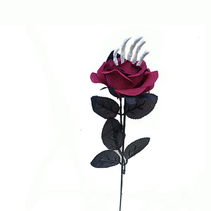 Lifelike Black and Red Rose - Single Halloween Skeleton Hand Fake Flower Party Decoration and Photography Prop