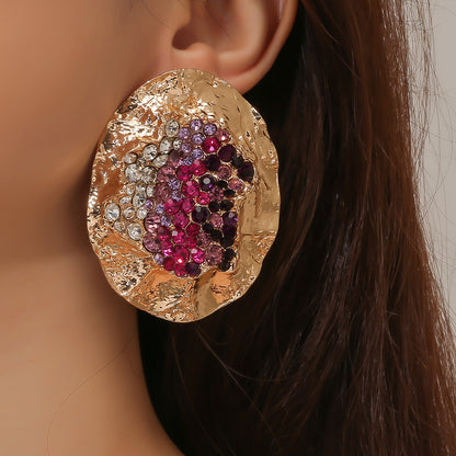 Stylish and Bold Oval-Shaped Statement Earrings with Colorful Rhinestones – Unique Irregular Design in Alloy for a Stunning Look