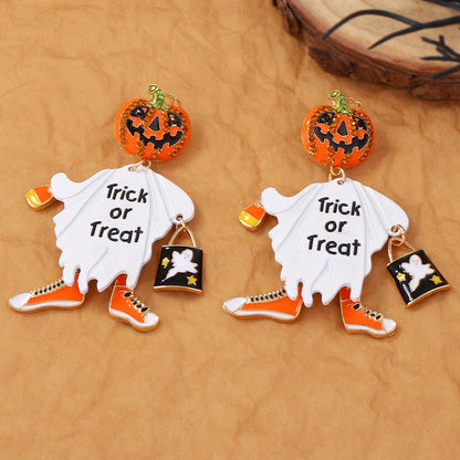 Whimsical Halloween Pumpkin Head Earrings – Unique Alloy Design with Dazzling Zircon Stones for a Fun and Festive Look