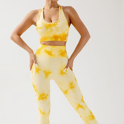 Seamless Tie Dye Yoga Outfit with High Waisted Butt Lifting Leggings and Sports Bra Set for Outdoor Running and Active Workouts