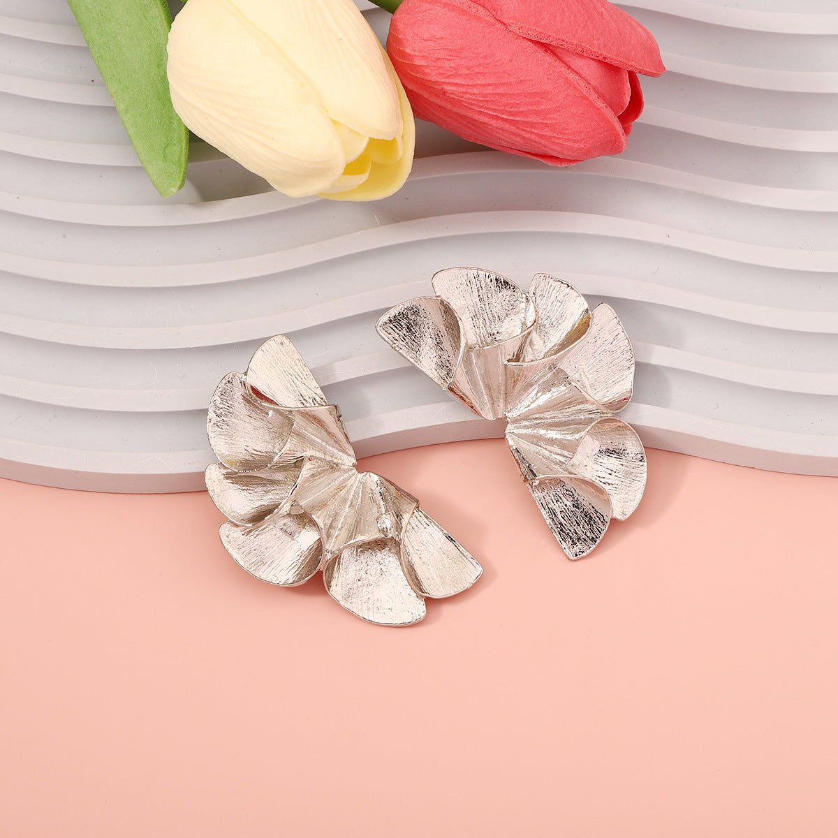 Exquisite Oversized Women's Earrings - Metal Lightweight Luxury WAVED Floral Design for a Chic Statement Look