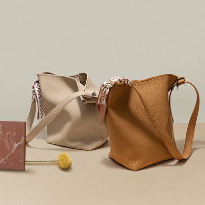 Leather Handbag with Silk Scarf Accessory and Versatile Women s Tote Bag with Genuine Silk Strap for Fashionable Casual Looks