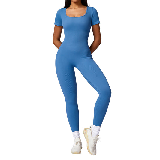 Seamless Backless High Intensity Ribbed Short Sleeve Yoga Bodysuit for Unmatched Comfort and Flexibility Model 7551