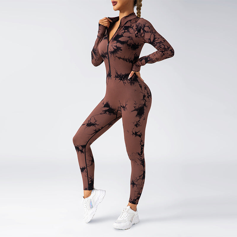 Seamless Tie Dye Long Sleeve Jumpsuit with Chest Padding and Zipper for Running Fitness and Yoga