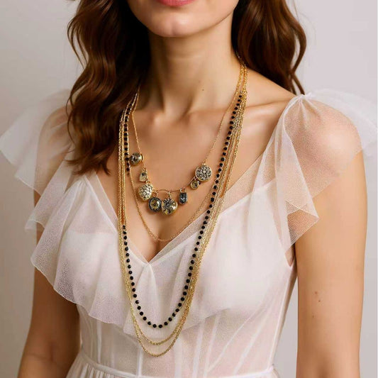 Chic Layered Beaded Chain Necklace with Geometric Pendant – Unique Luxury Design Ideal for Stacking and Everyday Wear