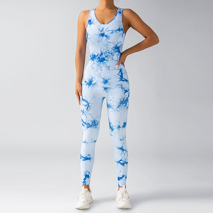 Tie Dye Jumpsuit with Cross Back Bras for Women Yoga Outdoor Sports Cycling and Fitness Outfit