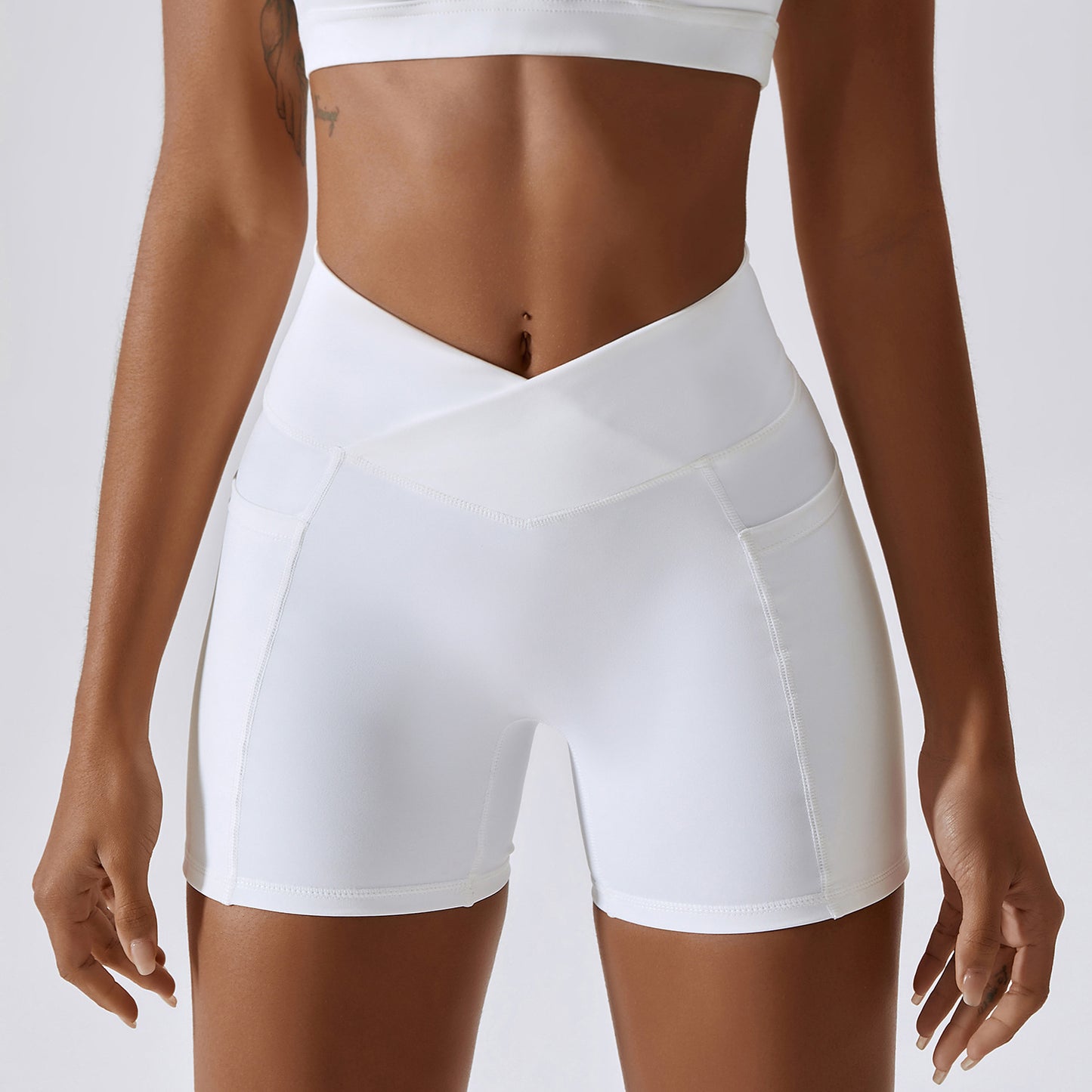 Quick Dry Yoga Shorts for Women with Pocket Butt Lifting High Waist and Cross Contour Design for Running and Fitness Style 8001