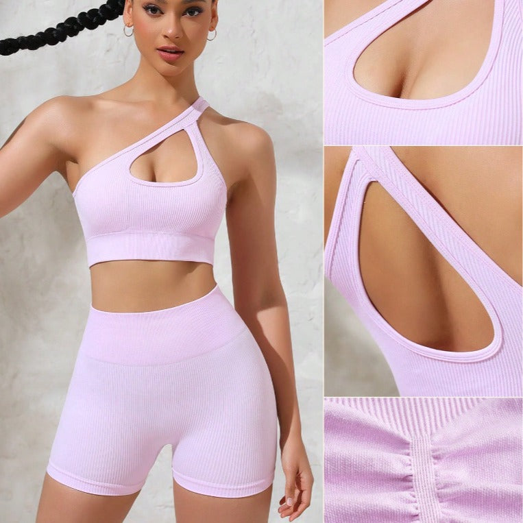 Seamless Threaded Shoulder Strap Bra and High Waisted Butt Lift Shorts Yoga Set For Outdoor Training and Active Lifestyle Women s Fitness Wear