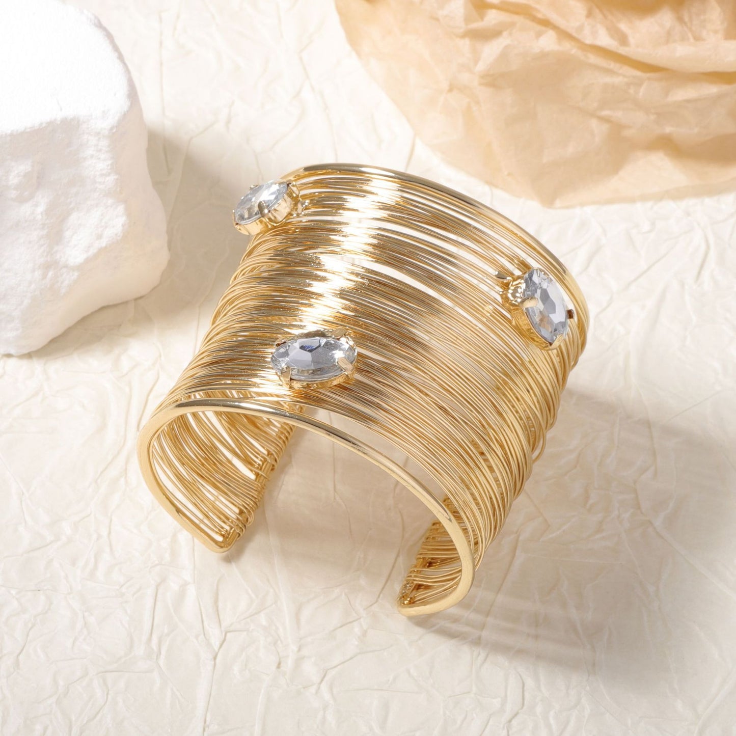 Vintage-Inspired Stylish Multi-Layer Zircon Stone-Accented Women's Cuff Bracelet -  Quality Wire-Wrapped Design for Effortless Elegance