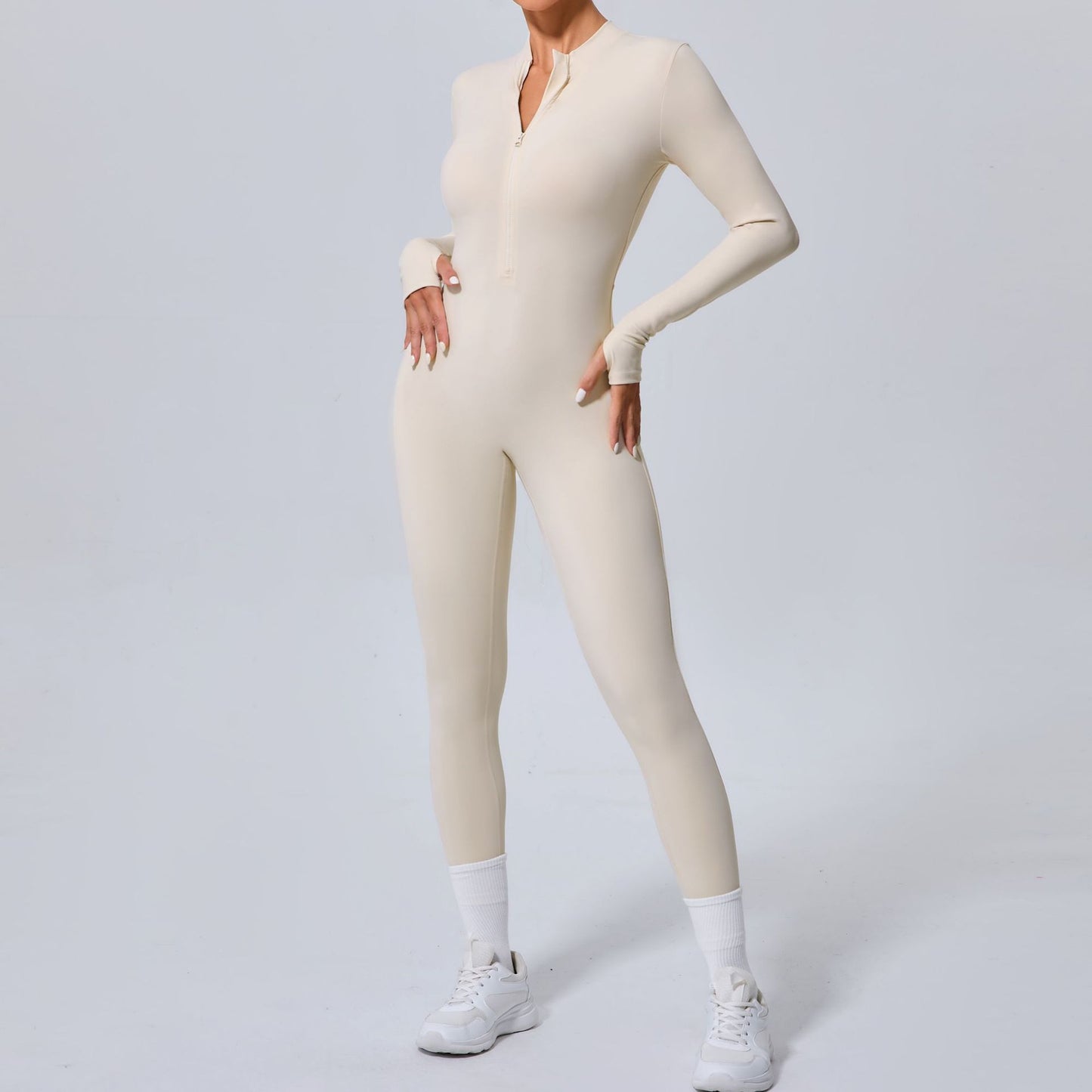 Form Fitting Women s Sports Bodysuit Without Cup Padding Long Sleeve Yoga Jumpsuit with Thumb Holes and Half Zip Front for Gym and Fitness Classes Model 5025