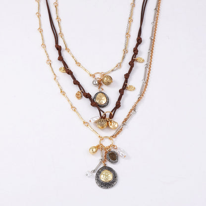 Chic Bohemian-Inspired Layered Chain Wax Rope Alloy Geometric Pendant Necklace – Elegant, Versatile, and Perfect for Any Occasion