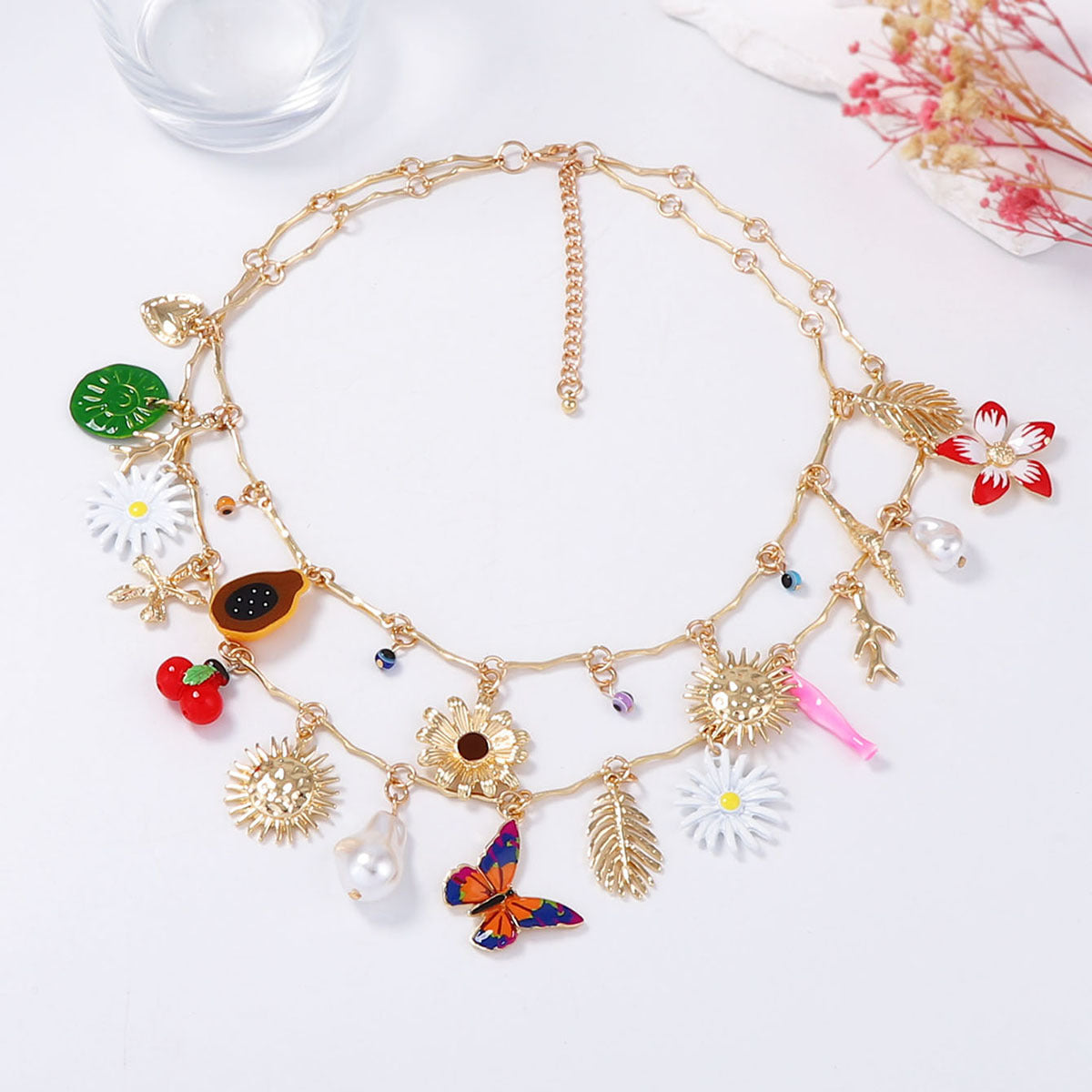 Charming Personalized Metal Chain Oil Droplet Alloy Butterfly Flower and Sunflower Imitation Pearl Pendant Necklace for Women - Unique Fashion Statement Jewelry