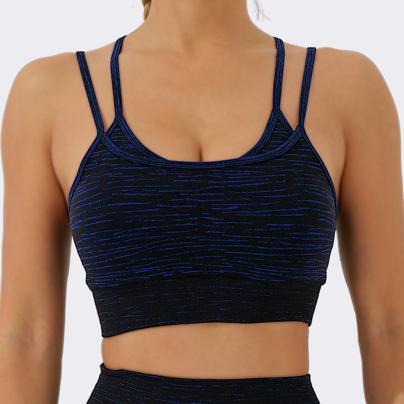 Seamless Double Layer Sports Bra with Removable Cups Cross Back Design Adjustable Straps for Yoga and Fall Winter Workouts