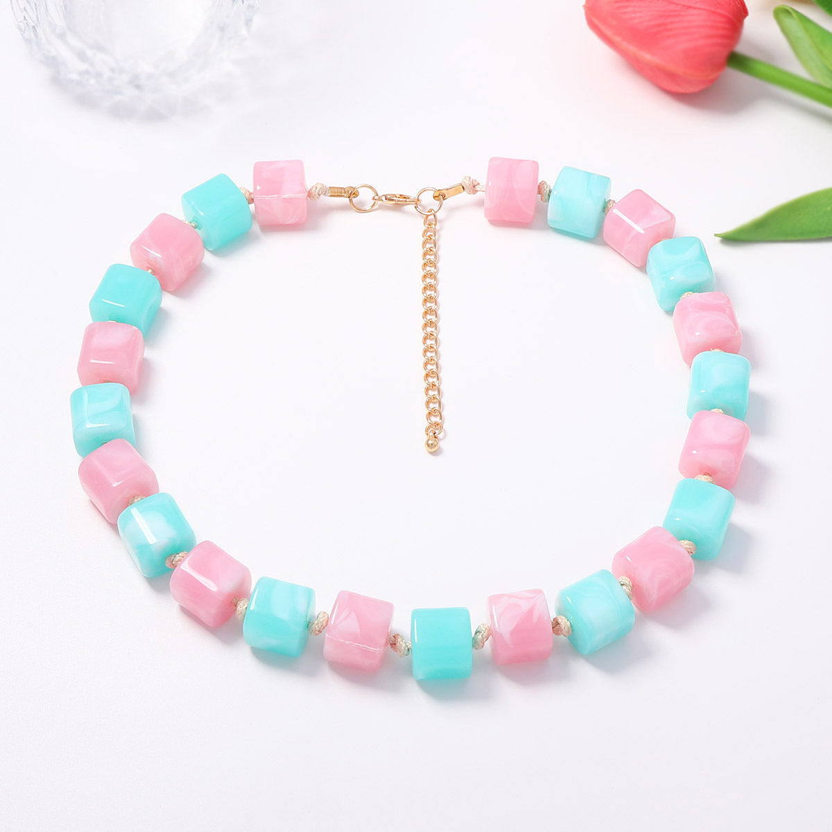 Versatile Creative Colorful Ombre Geometric Resin Square Beaded Necklace - Minimalist Women's Jewelry for Everyday Elegance