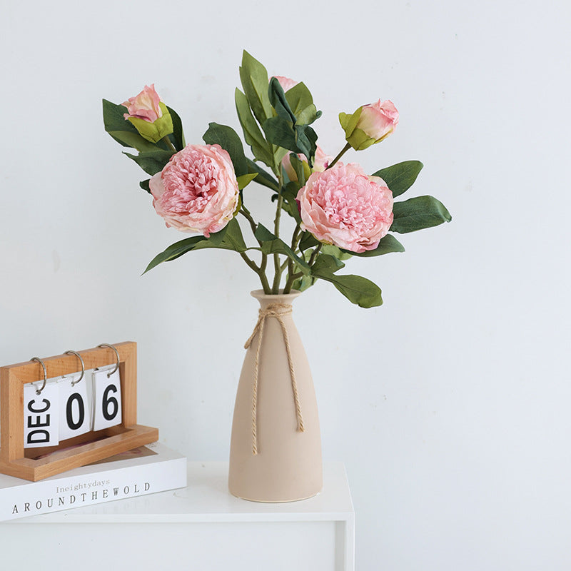 Faux Peony Flowers with Burnt Edges - Stunning 3-Head Silk Floral Arrangement for Wedding Decor, Home Decoration, and Photography Props