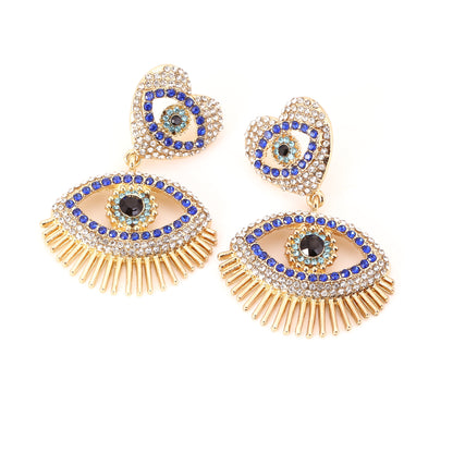 Vintage Double Layer Alloy Geometric Eye Tassel Earrings with Sparkling Gemstone Accents – Chic Statement Jewelry for Every Occasion