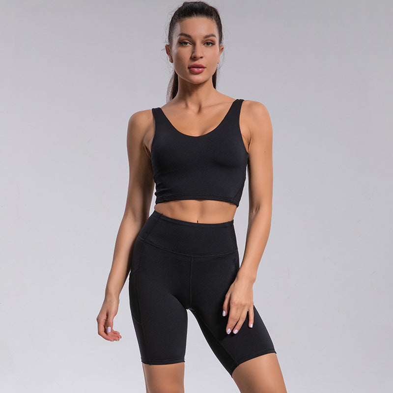 Minimalist Yoga Bra and Backless Tank Top Set with Pocketed Shorts Includes Removable Pads for Comfort