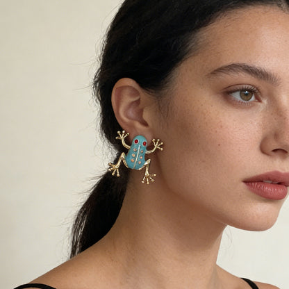 Stylish and Unique Alloy Frog Ear Studs with Micro-Inlaid Zircon Stones – Chic Accessories for Women
